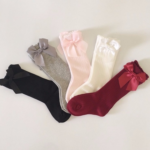 Ladies Girls Over The Knee White Cotton Socks With Coloured Satin Bow Size 4-6
